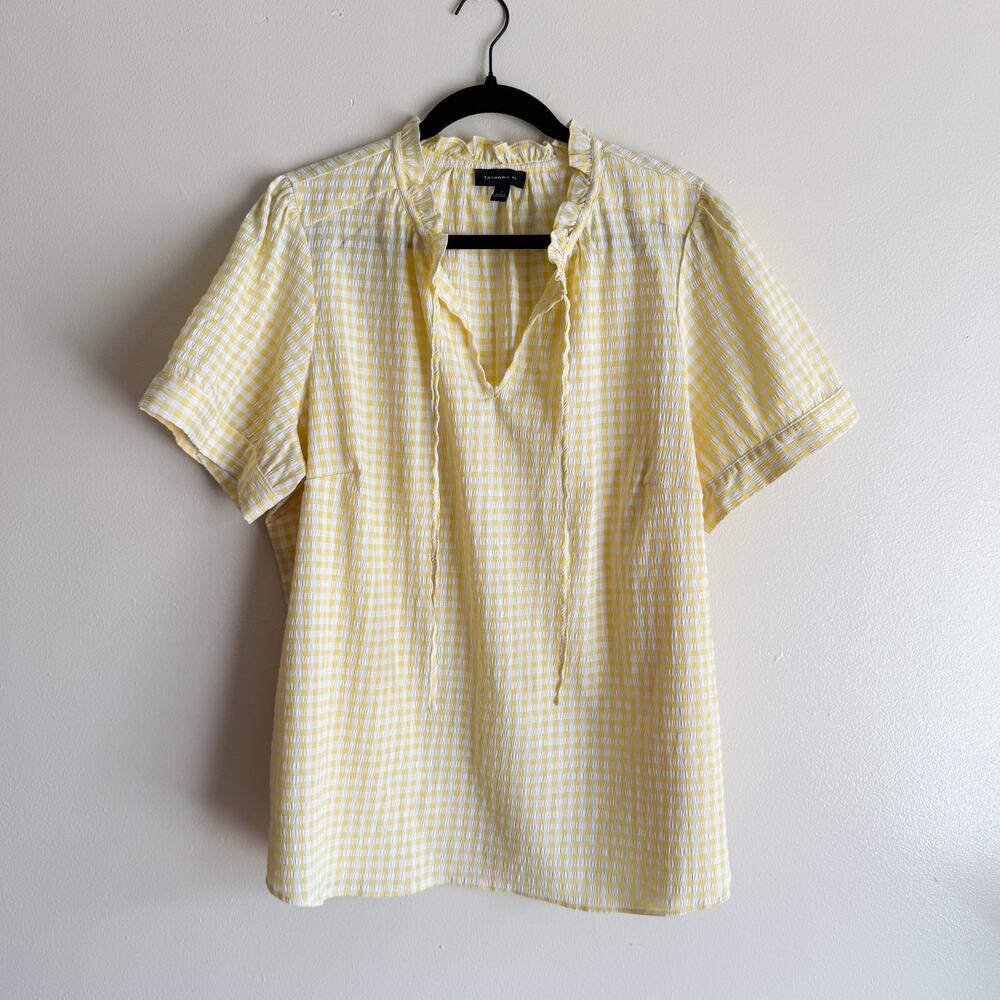 Tamara H Yellow + White Gingham Ruffle Trim Notch Neck Short Sleeve Blouse - 2X